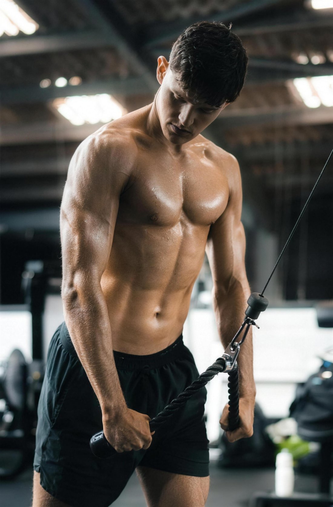 Ben Greenhalgh training on the cables in a dark gym